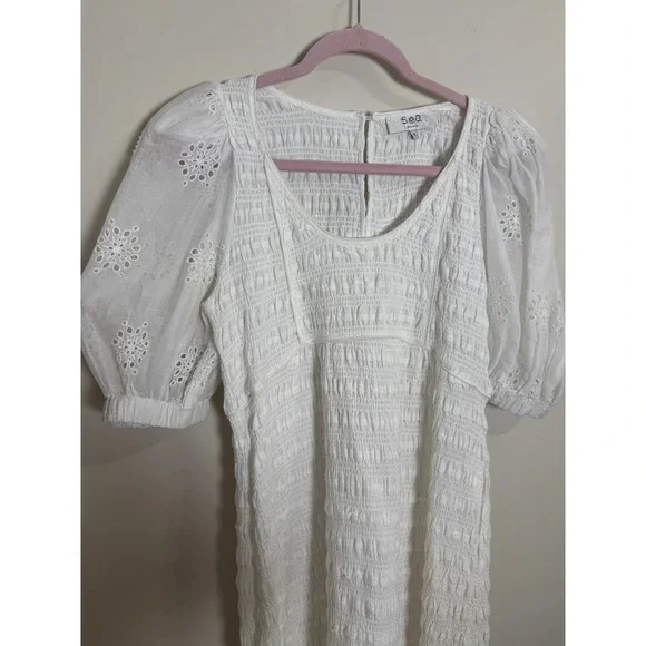 SEA NY White Eyelet Puff Sleeve Smocked Midi Dress - Picture 4 of 7